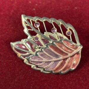 Silver Pink and Purple Enamel Leaf Brooch.